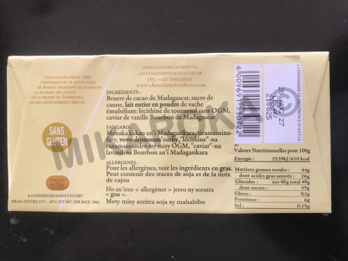 Chocolat blanc en tablette Robert au caviar de vanille